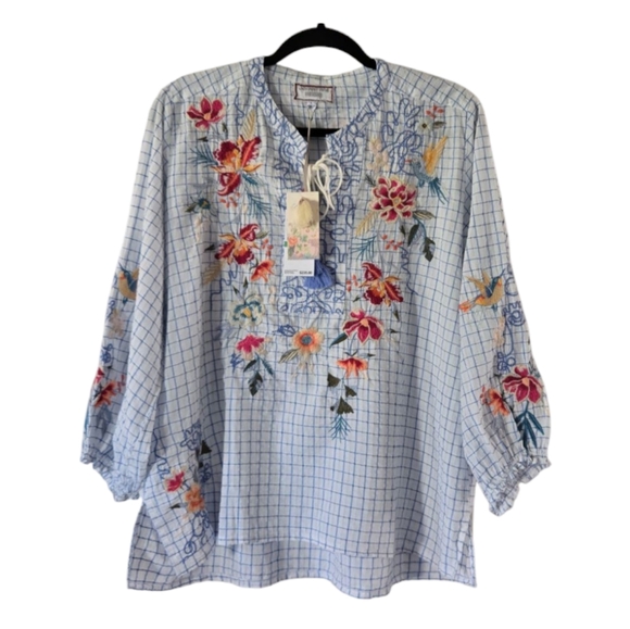 Johnny Was Workshop Miro Tassle Blue White Embroidered Blouse Sz Large MSRP $235 - Picture 4 of 10